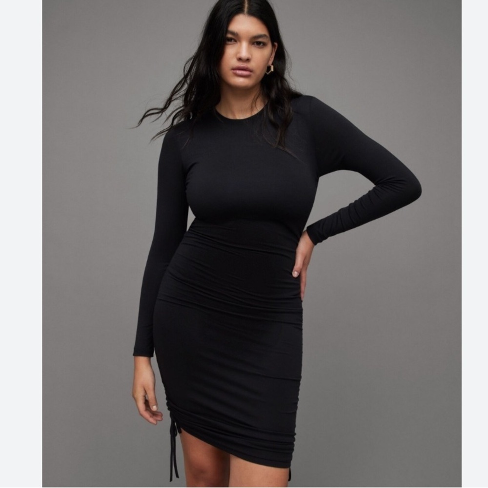 All Saints Bethan Long Sleeve Ruched Bodycon Mini Dress in Black Sz 4